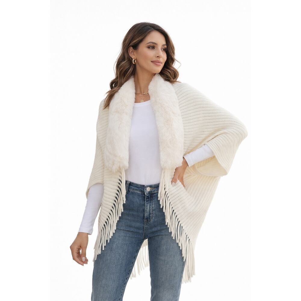 Olivero Faux Fur Collar Cocoon Cream Cardigan Fringe Ivory L/XL